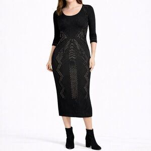 Sharagano Sweater Dress Women’s M Black Bodycon Midi Pointelle Knit Lined